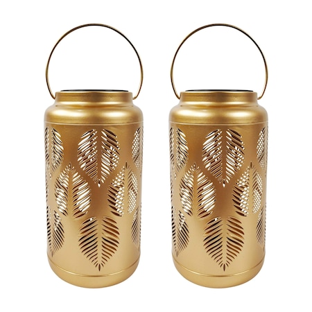 Bliss Outdoors Set Of 2 Solar LED Lanterns W Tropical Leaf Design  Hand Painted Finish